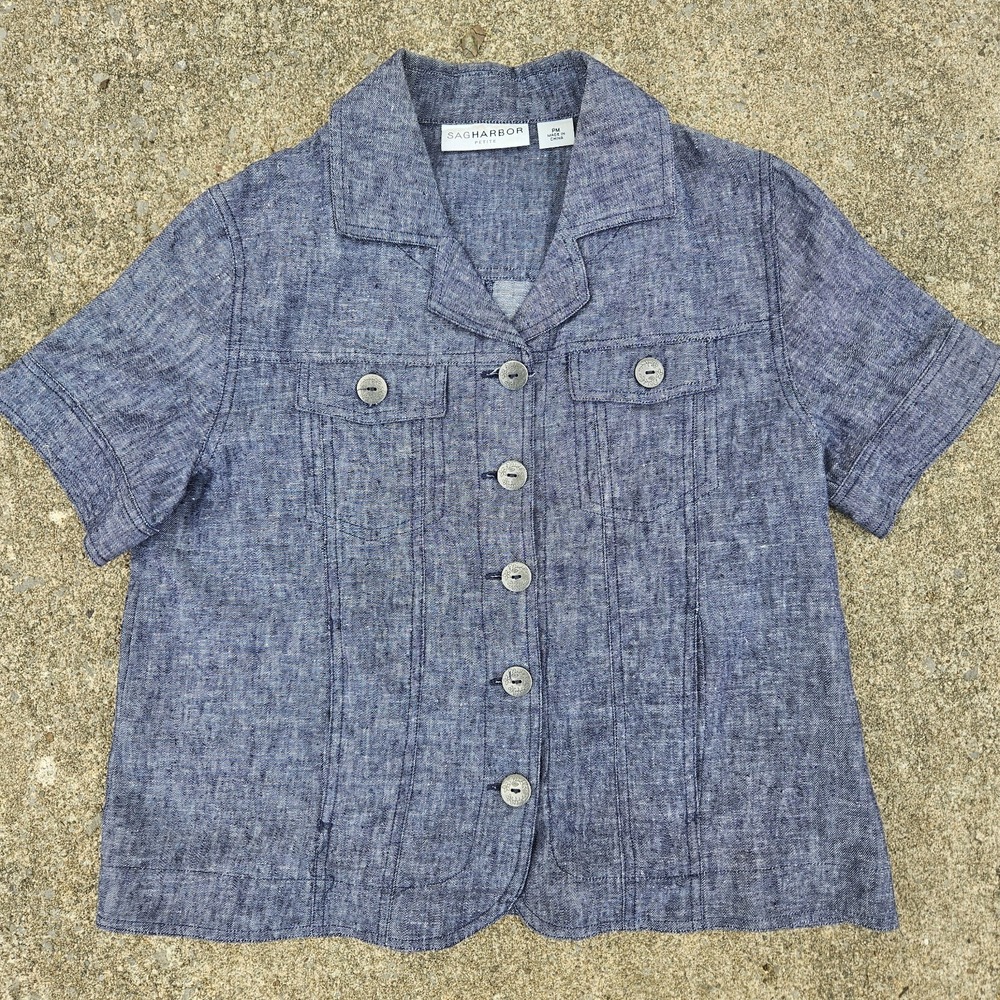Sag Harbor Shirt Women M Blue Linen Cotton Short Sleeve Button Flap Pockets Chic